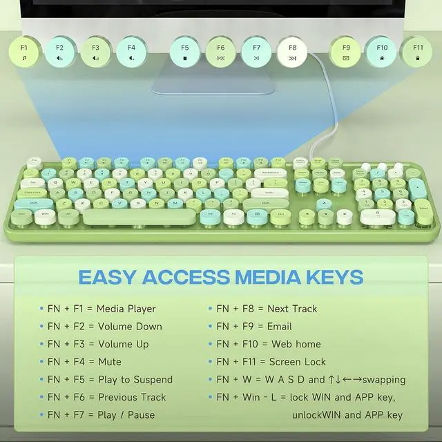 Alt view image 5 of 7 - Atelus Computer Keyboard Wired, Typewriter Style, Plug Play USB Keyboard with Large Number Pad, Caps Indicators, Foldable Stands, Full Size Wired Keyboard for Windows PC Laptop (Green Colorful)