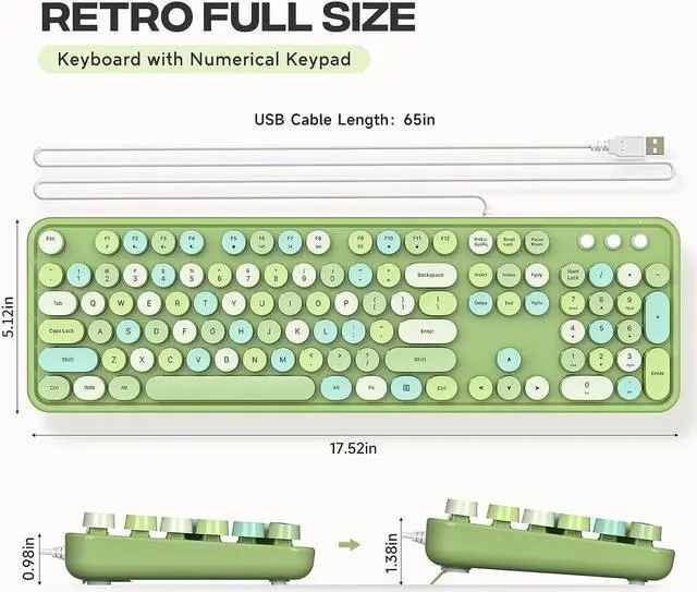 Alt view image 7 of 7 - Atelus Computer Keyboard Wired, Typewriter Style, Plug Play USB Keyboard with Large Number Pad, Caps Indicators, Foldable Stands, Full Size Wired Keyboard for Windows PC Laptop (Green Colorful)