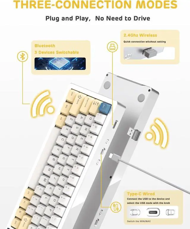 Alt view image 3 of 7 - MAGIC-REFINER M71 75% Wireless Mechanical Keyboard, 71 Keys Gaming Keyboard, Hot-swappable RGB Keyboard, CNC Aluminum Alloy Shell Keyboard, Bluetooth/2.4G/Wired, Gasket Mounted for PC/Windows/Mac