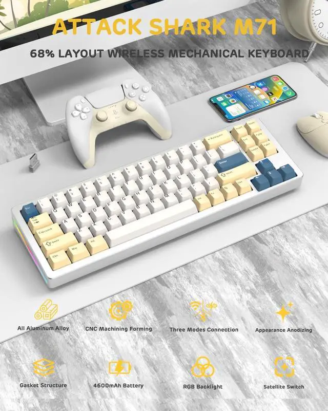 Alt view image 2 of 7 - MAGIC-REFINER M71 75% Wireless Mechanical Keyboard, 71 Keys Gaming Keyboard, Hot-swappable RGB Keyboard, CNC Aluminum Alloy Shell Keyboard, Bluetooth/2.4G/Wired, Gasket Mounted for PC/Windows/Mac