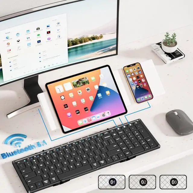 Alt view image 2 of 6 - AIWISDOM Foldable Bluetooth Keyboard, Full Size with Numeric Keypad, Portable Travel Keyboard for Windows iOS Android Tablets and Smartphones, Sync Up to 3 Devices (Black)