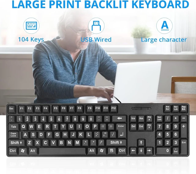 Alt view image 2 of 7 - Acogedor Large Print Keyboard for Visually Impaired, Elderly, 104 Keys USB Wired Computer Keyboard for Computer, White Letter with Black Background