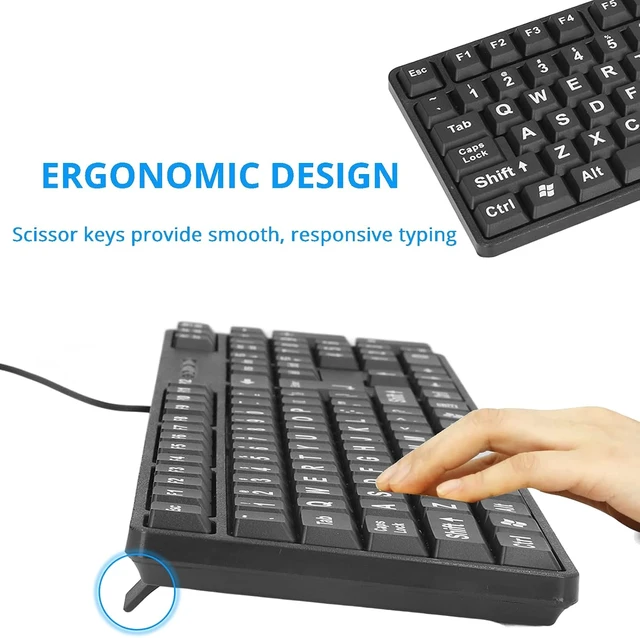 Alt view image 3 of 7 - Acogedor Large Print Keyboard for Visually Impaired, Elderly, 104 Keys USB Wired Computer Keyboard for Computer, White Letter with Black Background