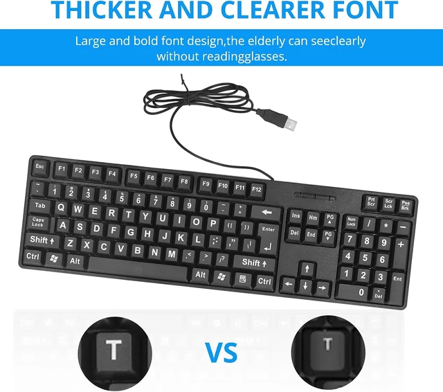 Alt view image 5 of 7 - Acogedor Large Print Keyboard for Visually Impaired, Elderly, 104 Keys USB Wired Computer Keyboard for Computer, White Letter with Black Background