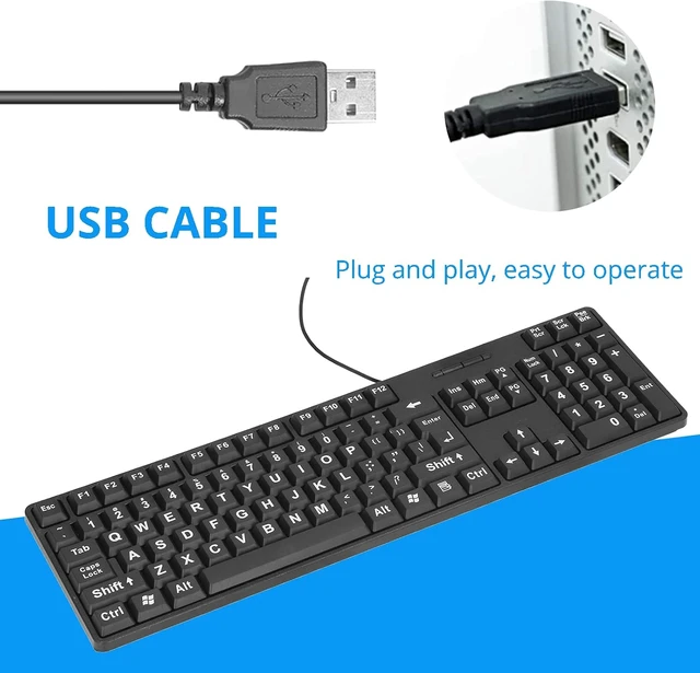 Alt view image 4 of 7 - Acogedor Large Print Keyboard for Visually Impaired, Elderly, 104 Keys USB Wired Computer Keyboard for Computer, White Letter with Black Background