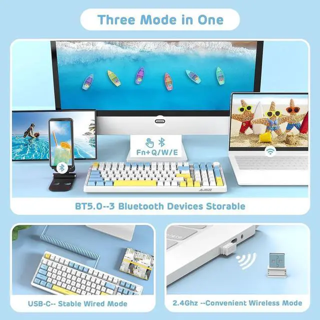 Alt view image 3 of 7 - AJAZZ Wireless Gaming Keyboard,2 in 1 Custom Coiled Cable,Illuminated RGB Hot Swappable,Triple Mode 2.4G/BT5.0/Wired,PBT Keycaps,Gasket Mount,Knob,Rechargeable 4000mAh for PC/Mac/PS4(Blue Switch)