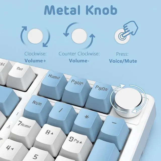 Alt view image 5 of 7 - AJAZZ Wireless Gaming Keyboard,2 in 1 Custom Coiled Cable,Illuminated RGB Hot Swappable,Triple Mode 2.4G/BT5.0/Wired,PBT Keycaps,Gasket Mount,Knob,Rechargeable 4000mAh for PC/Mac/PS4(Blue Switch)