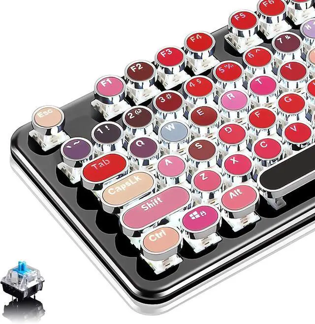 Main image of Basaltech Typewriter Style with White LED Backlight,Vintage Mechanical Gaming Keyboards with Lipstick Round Keycaps, Blue Switches 104-Keys Wired Keyboard Metal Panel for Laptop/pc