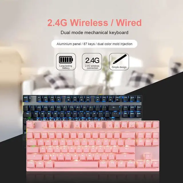 Alt view image 4 of 4 - Wired/Dual Mode 87 Keys Blue Switch Mechanical Keyboard Backlit Gaming Keyboard Built-in Battery Aluminium Alloy Panel r Desktop/Laptop (Black)  Black & Dark Brown