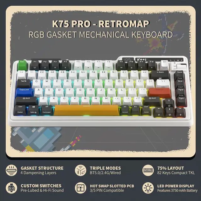 Alt view image 2 of 7 - KZZI K75 PRO RGB 75% Wireless Gasket Mechanical Keyboard, Triple Mode BT5.0/2.4G/USB-C 82 Keys Hot Swappable Gaming Keyboard w/Knob & Power Display, Custom Tactile Switches, Black White