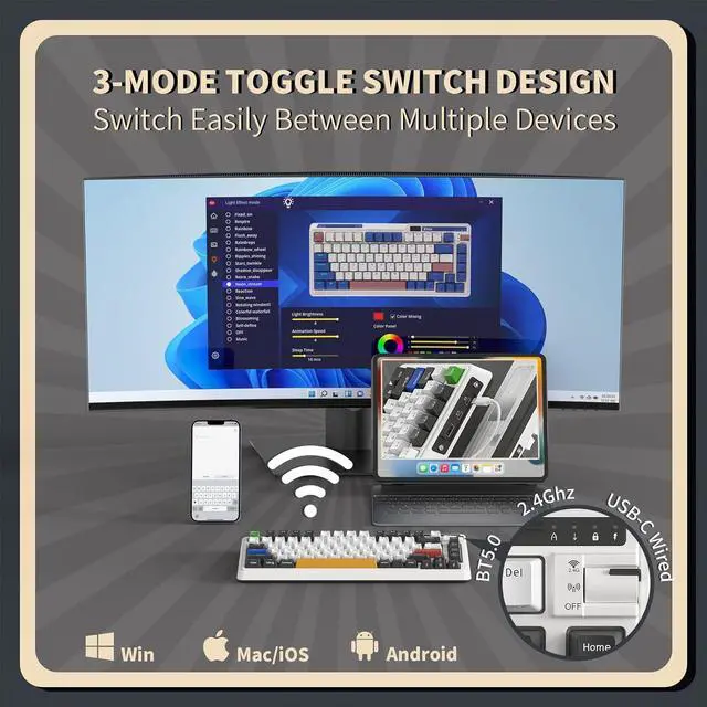 Alt view image 3 of 7 - KZZI K75 PRO RGB 75% Wireless Gasket Mechanical Keyboard, Triple Mode BT5.0/2.4G/USB-C 82 Keys Hot Swappable Gaming Keyboard w/Knob & Power Display, Custom Tactile Switches, Black White