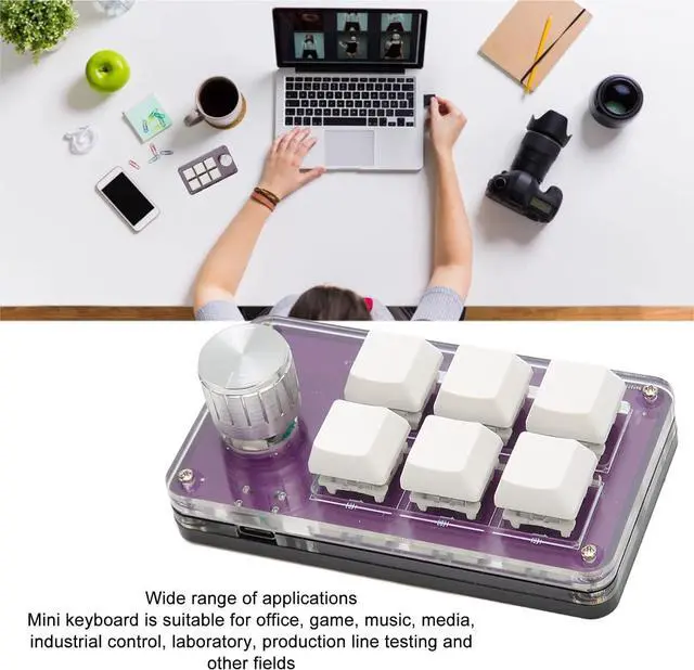 Alt view image 4 of 7 - 6 Key One Handed Programmable Mechanical Keyboard with Knob, Wired, Plug and Play, for Gaming and Office, Multi Functional Mini Keypad (Transparent Purple)