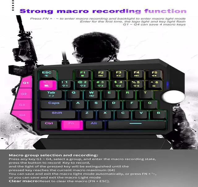 Alt view image 6 of 7 - One Handed Gaming Mechanical Keyboard, USB Wired LED RGB Backlight Single Hand Ergonomic E-Sports Game Keypad 44 Keys for Desktop Notebook Tablet Game Console, Default