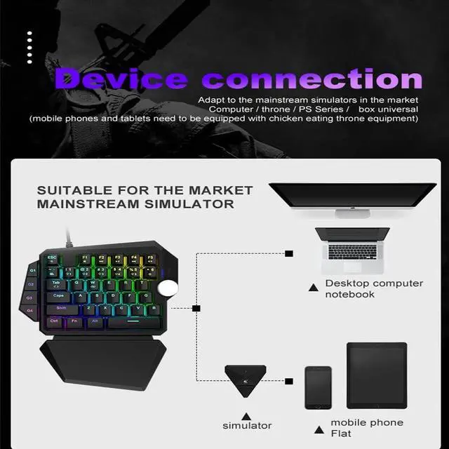 Alt view image 7 of 7 - One Handed Gaming Mechanical Keyboard, USB Wired LED RGB Backlight Single Hand Ergonomic E-Sports Game Keypad 44 Keys for Desktop Notebook Tablet Game Console, Default