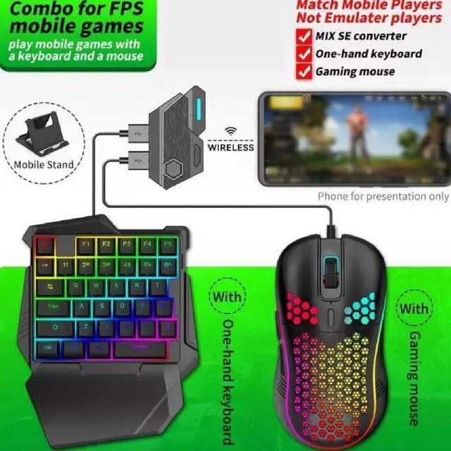 Alt view image 5 of 7 - Half Hand Gaming Keyboard Mouse Combo Kit for Mix Se, BT 5.0 Converter Adapter for K9 Keyboard GM86 Mouse, with Phone Stand, FPS Handheld Games, for Android for iOS