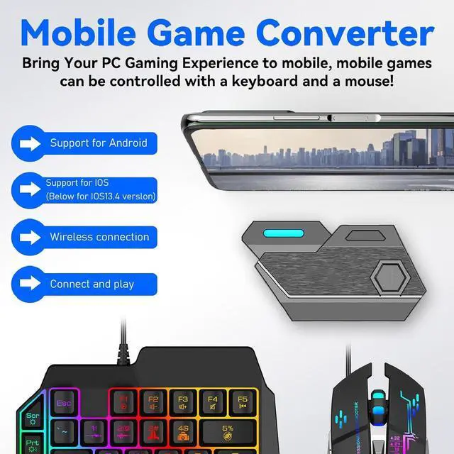 Alt view image 2 of 7 - Half Hand Gaming Keyboard Mouse Combo Kit for Mix Se, BT 5.0 Converter Adapter for K9 Keyboard GM86 Mouse, with Phone Stand, FPS Handheld Games, for Android for iOS