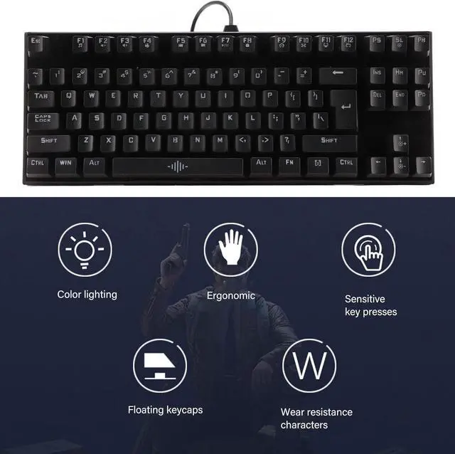 Alt view image 6 of 7 - 87 Key Blue Switch Mechanical Keyboard with RGB Backlight Ergonomic Design Detachable Wrist Rest for Gaming Typing ABS Material 5ft Cable Length