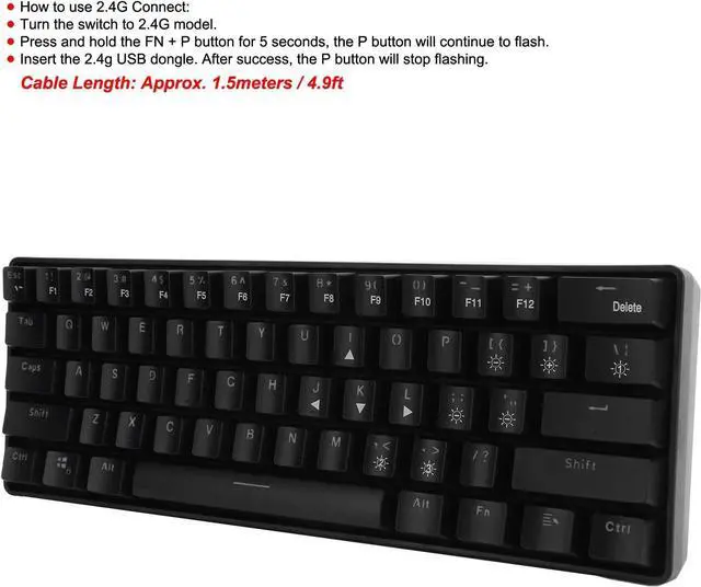 Alt view image 5 of 7 - Wired Keyboard with 61 Keys, Dual Mode RGB Backlight, 19 Lighting Modes, with 2.4G Receiver, Power Cable, Gaming Mechanical Keyboard for Computer PC Tablet