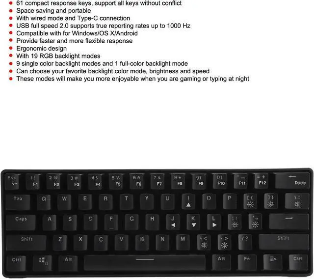 Alt view image 4 of 7 - Wired Keyboard with 61 Keys, Dual Mode RGB Backlight, 19 Lighting Modes, with 2.4G Receiver, Power Cable, Gaming Mechanical Keyboard for Computer PC Tablet