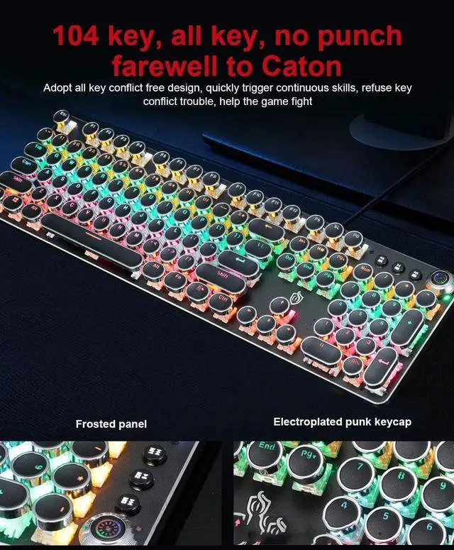 Alt view image 3 of 6 - LED Backlit Retro Typewriter Mechanical Keyboard, Round Keycaps 104 Keys Vintage Inspired USB Punk Gaming Keyboard Mechanical RGB Backlit Gaming Keyboard for PC/Mac/Gamer