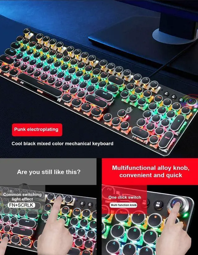 Main image of LED Backlit Retro Typewriter Mechanical Keyboard, Round Keycaps 104 Keys Vintage Inspired USB Punk Gaming Keyboard Mechanical RGB Backlit Gaming Keyboard for PC/Mac/Gamer