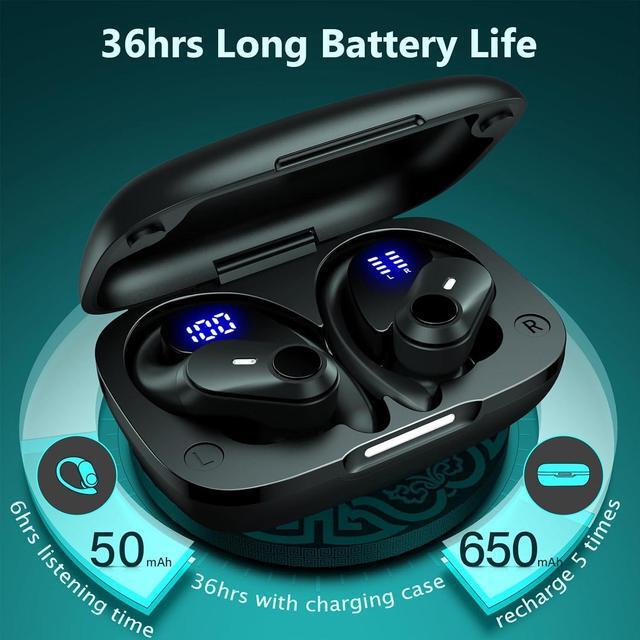 Alt view image 3 of 6 - GOLREX Ear Buds Bluetooth Headphones Wireless Earbuds 36Hrs Playback Wireless Charging Case Digital Display Over-Ear Earphones with Earhook Waterproof Headset with Mic for Sport Running Workout Black