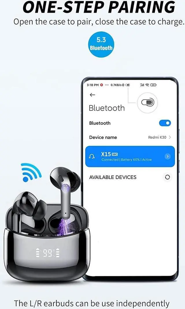 Alt view image 3 of 7 - Tiksounds Wireless Earbuds, Bluetooth Headphones with Microphone, IPX7 Waterproof, 35H Playtime with LED Power Display, High-Fidelity Stereo Earphones for Sports and Work