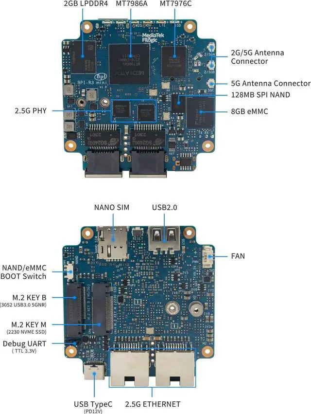 Alt view image 4 of 7 - youyeetoo Banana pi R3 Mini Travel Router Board WiFi 6 OpenWRT MediaTek MT7986A 2G DDR RAM 8G eMMC Flash 2X 2.5GbE Port Onboard (Wireless Network for Streaming Media, Games and Other Applications)