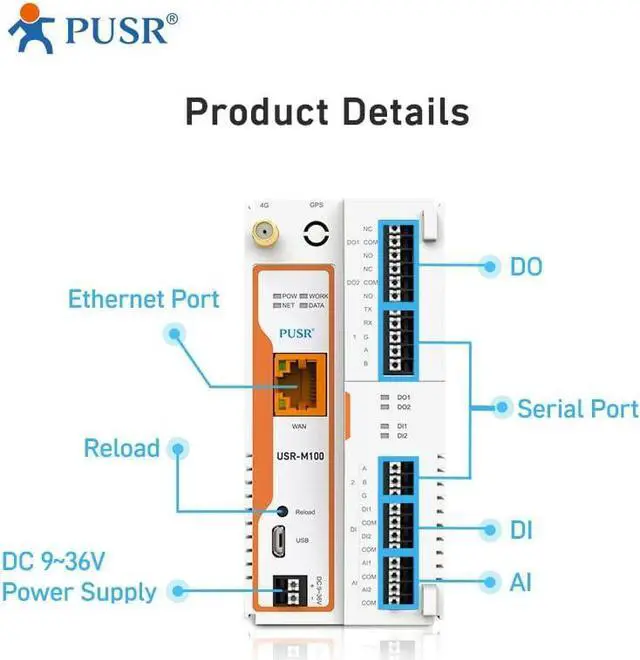 Alt view image 2 of 6 - USR-M100 Industrial Remote IO Gateway and Extender 8DI Cellular Network LTE Cat4 with Edge Computing Modbus rtu to TCP MQTT