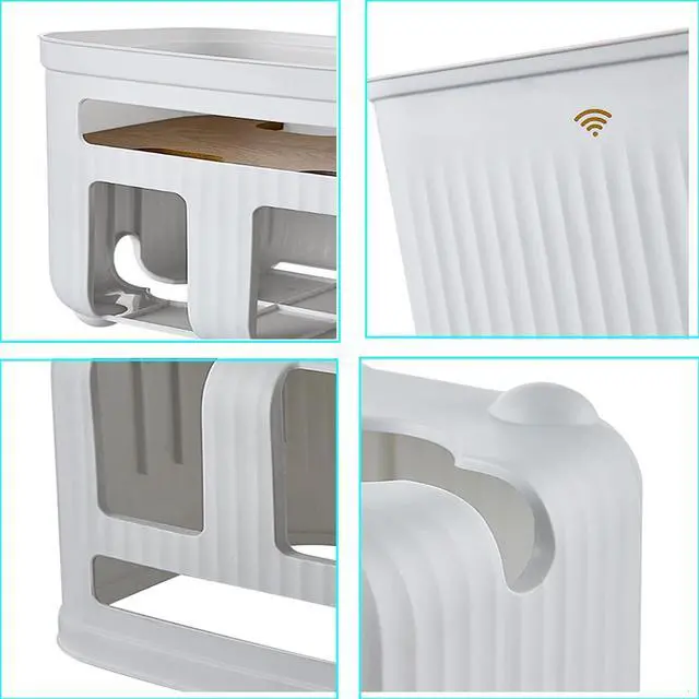 Alt view image 5 of 7 - WiFi Router Storage Box, Wireless Router Shelf, Cable Storage Box, Multi Layer Storage Rack, Power Strip and Cable Management Hider Rack Desktop Organizer Shelves with Deco Wood Cover(Color:White)