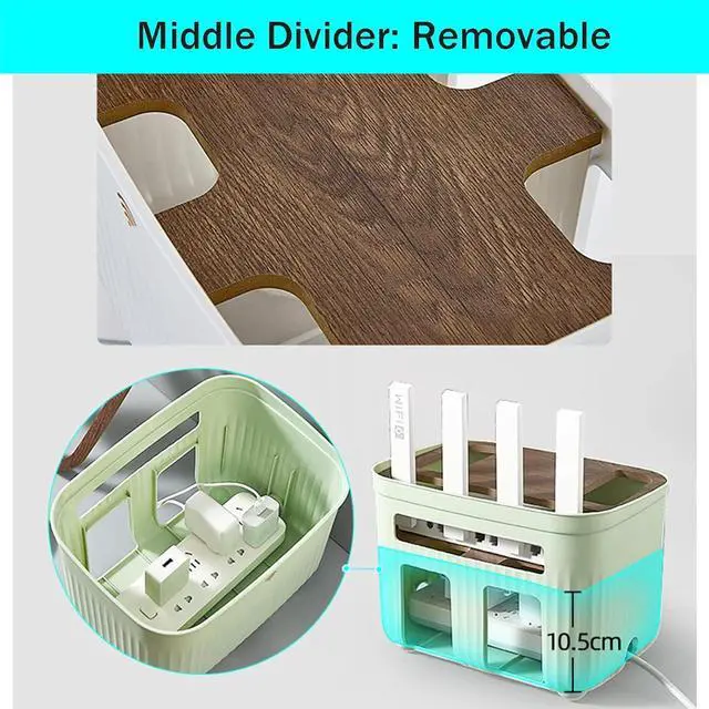 Alt view image 7 of 7 - WiFi Router Storage Box, Wireless Router Shelf, Cable Storage Box, Multi Layer Storage Rack, Power Strip and Cable Management Hider Rack Desktop Organizer Shelves with Deco Wood Cover(Color:White)