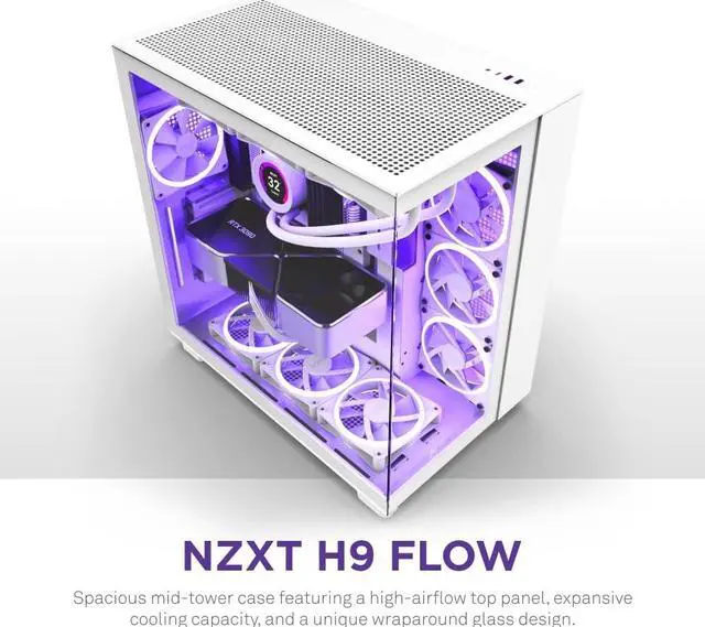 Alt view image 2 of 7 - NZXT H9 Flow Dual-Chamber ATX Mid-Tower PC Gaming Case  High-Airflow Perforated Top Panel  Tempered Glass Front & Side Panels  360mm Radiator Support  Cable Management  White