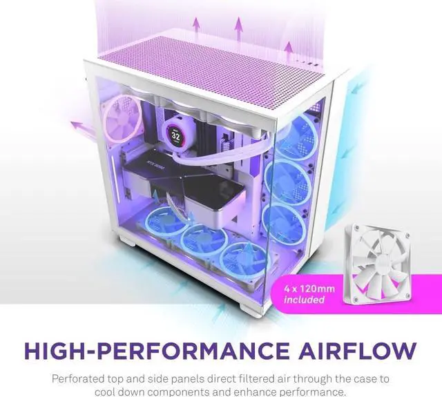 Alt view image 3 of 7 - NZXT H9 Flow Dual-Chamber ATX Mid-Tower PC Gaming Case  High-Airflow Perforated Top Panel  Tempered Glass Front & Side Panels  360mm Radiator Support  Cable Management  White