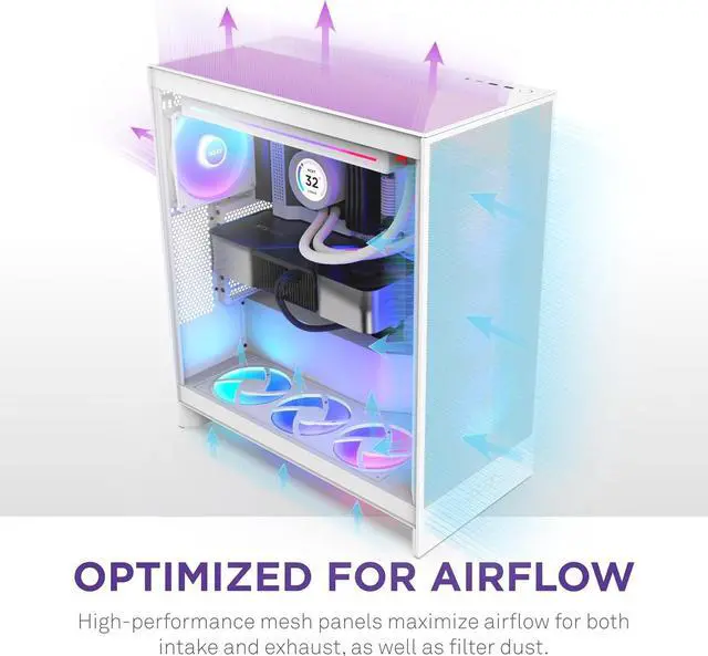 Alt view image 4 of 7 - NZXT H7 Flow RGB | Mid-Tower ATX Airflow Case with RGB Fans | Supports Bottom Fans for Direct GPU Cooling | Includes 360mm RGB Single-Frame Fan Unit | Cable Management | White