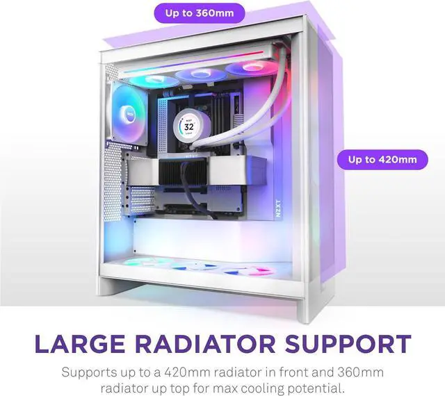 Alt view image 5 of 7 - NZXT H7 Flow RGB | Mid-Tower ATX Airflow Case with RGB Fans | Supports Bottom Fans for Direct GPU Cooling | Includes 360mm RGB Single-Frame Fan Unit | Cable Management | White
