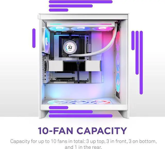 Alt view image 7 of 7 - NZXT H7 Flow RGB | Mid-Tower ATX Airflow Case with RGB Fans | Supports Bottom Fans for Direct GPU Cooling | Includes 360mm RGB Single-Frame Fan Unit | Cable Management | White