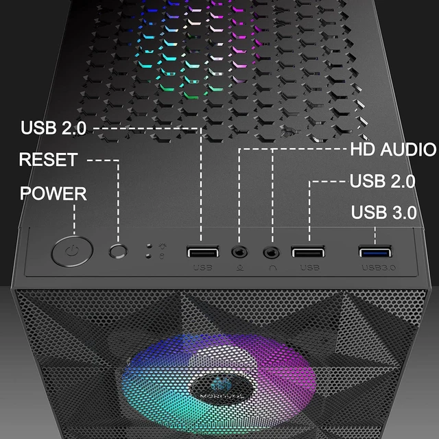Alt view image 3 of 6 - 621 ATX Mid-Tower Gaming PC Case 4 RGB Fans Pre-Installed, Diamond-Shaped Mesh Front, Tempered Glass Side Panel, USB 3.0 Airflow