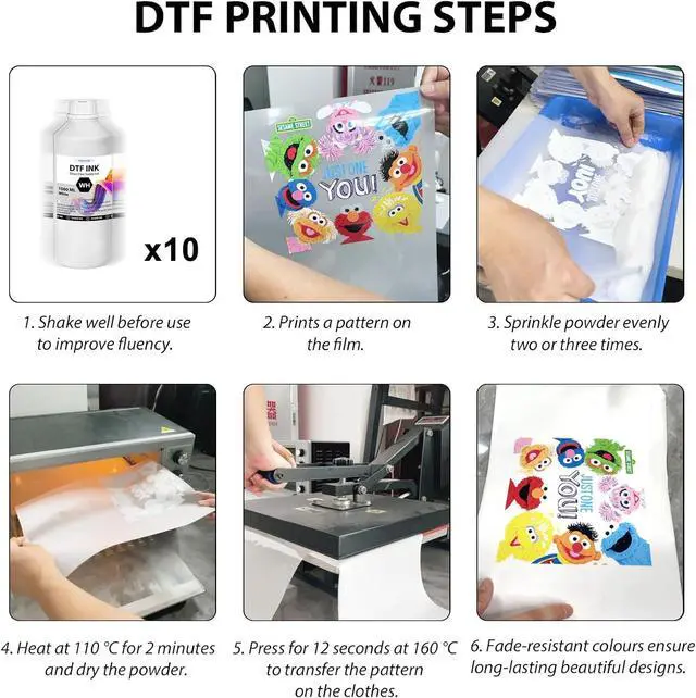 Alt view image 2 of 7 - DTF Ink - 6000ML DTF Transfer Ink for PET Film, Premium Pigment Ink Refill for P600 P800 DX5 DX7 R1390 XP600 i3200 4720 Printers, High Fluidity & Coverage (1000ML*6, 2W+BKCMY)