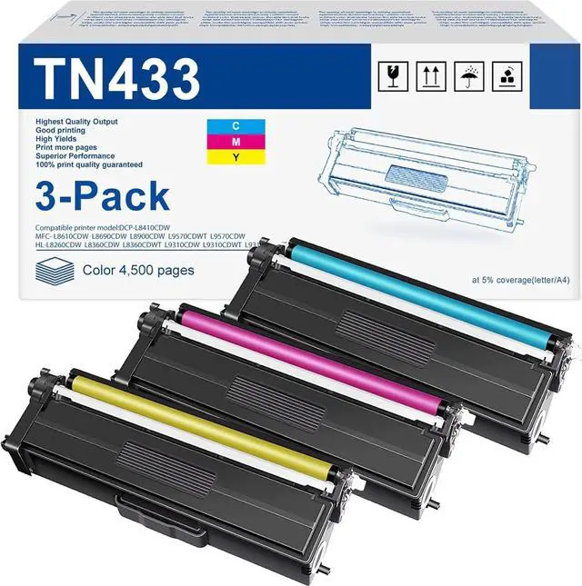 Main image of Ennovor TN433 3 Pack High Yield TN433C, TN433M, TN433Y; TN-433 Replacement for Brother TN433 Toner Cartridge Set Work with HL-L8260CDW HL-L8360CDW MFC-L8610CDW MFC-L8900CDW HL-L9310CDW Printer