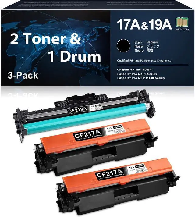 Main image of CF217A 17A Black Toner Cartridge & CF219A 19A Drum Unit | Works with Laser Pro M102 Series, Laser Pro MFP M130 Series Printer Replacement   17A Cartridge CF219A Printer Drum (2 Toner+1 Drum)