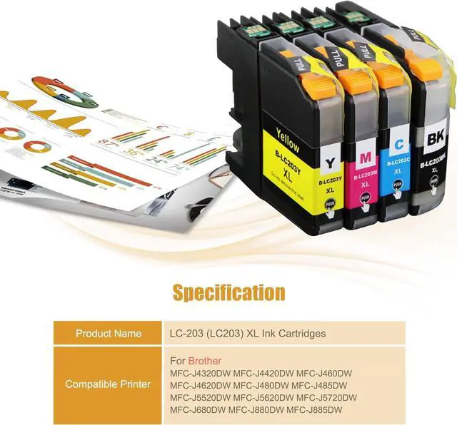 Alt view image 2 of 7 - LC-203 (LC203) XL High Yield 600 Pages Ink Cartridges, Compatible for Brother MFC-J4320DW J4420DW J460DW J4620DW J480DW J485DW J5520DW J5620DW J5720DW J680DW J880DW J885DW Printers (4 Pack Color)