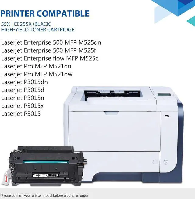 Alt view image 2 of 7 - CE255X 55X Black High Yield Toner Cartridge with Chip 1 Pack, 55X Toner Cartridge Replacement   55X Toner 55A CE255A for Enterprise 500 MFP M525, Enterprise P3015, Pro MFP M521 Series Printer