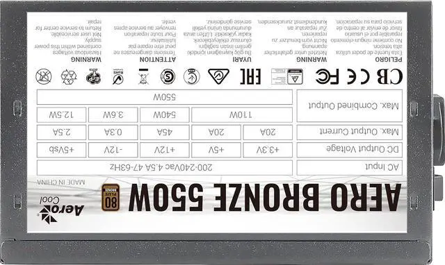 Alt view image 6 of 7 - Aerocool AEROB550, PC Power Supply 550W, 80Plus Bronze 230V EU, ATX 12V, Fan 12cm, Black
