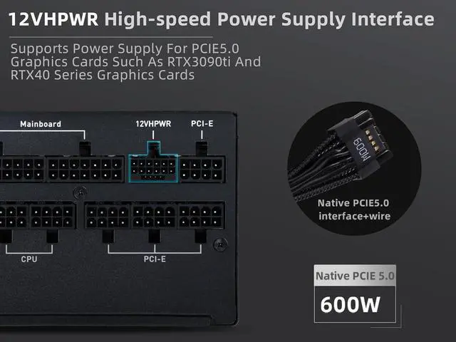 Alt view image 4 of 7 - SAMA Black Diamond 1000W 80plus Gold PC Power Supply 80Plus Gold Certified Full Modular with 14CM Silent Fan PCI-e 5.0 12VHPWR 10 Year Warranty