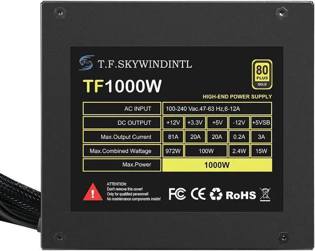 Alt view image 5 of 7 - 1000W Power Supply Full Voltage 100-240V Active PFC Gaming PSU Computer Power Supplies Non-Modular 80 Plus Gold for Desktop PC Server