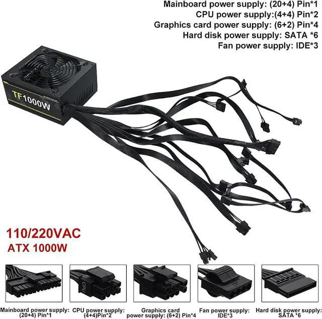 Alt view image 7 of 7 - 1000W Power Supply Full Voltage 100-240V Active PFC Gaming PSU Computer Power Supplies Non-Modular 80 Plus Gold for Desktop PC Server