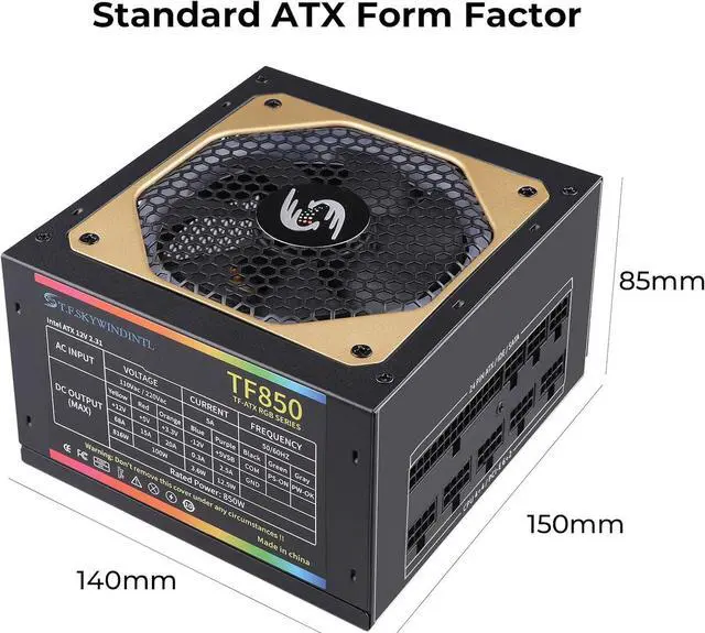 Alt view image 2 of 7 - 850W PSU Fully Modular RGB Power Supply Full Voltage 110-240V Standard ATX Form Factor with 24pin Motherboard Power Whisper-Quiet 120mm FDB Fan Active PFC for Desktop Gaming PC