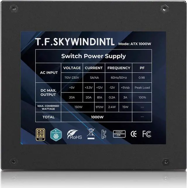 Alt view image 3 of 7 - 1000W Power Supply 80 Plus Gold Full Voltage 110-230V Active PFC Gaming PSU Non Modular Design Standard ATX Computer Power Supplies with 140MM Ultra Quiet Cooling Fan for Desktop PC Server