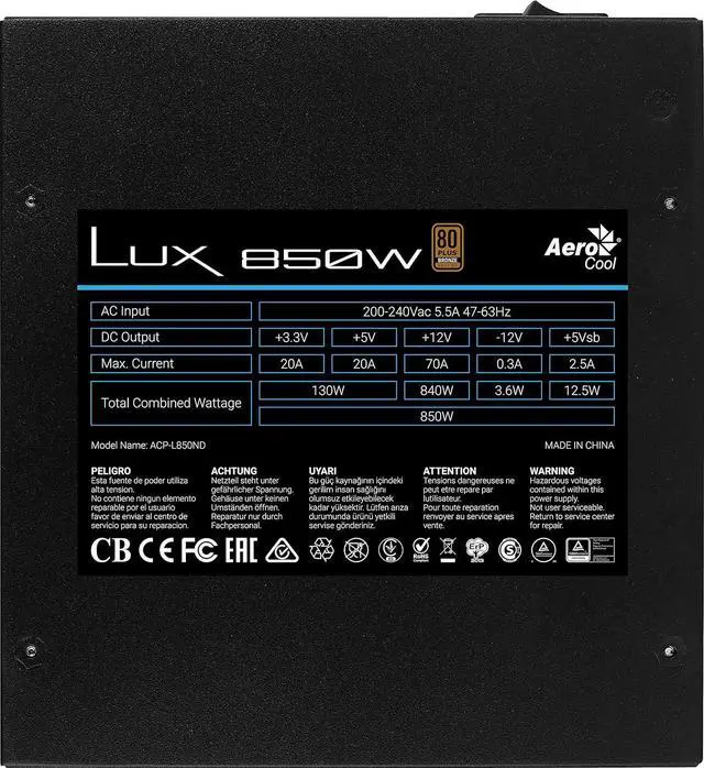 Alt view image 5 of 7 - Aerocool LUX850, Power Supply 850W, 80 Plus Bronze 230V, Efficiency 88%+, Black