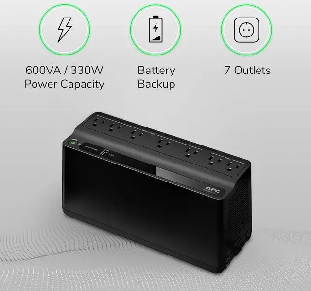 Alt view image 5 of 7 - APC UPS Battery Backup and Surge Protector, 600VA/330 Watts Backup Battery Power Supply, BE600M1 Back-UPS with USB Charger Port
